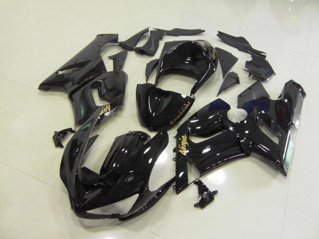 Cheapest 2005-2006 Glossy Black Gold Decals Kawasaki ZX6R Motorcycle Fairings Kits UK Cheapest 2005-2006 Glossy Black Gold Decals Kawasaki ZX6R Motorcycle Fairings Kits UK