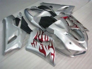 Cheapest 2005-2006 Silver Red Flames Kawasaki ZX6R Motorcycle Fairings UK