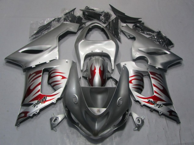 Cheapest 2005-2006 Silver Red Flame Ninja Kawasaki ZX6R Motorcycle Replacement Fairings UK Cheapest 2005-2006 Silver Red Flame Ninja Kawasaki ZX6R Motorcycle Replacement Fairings UK